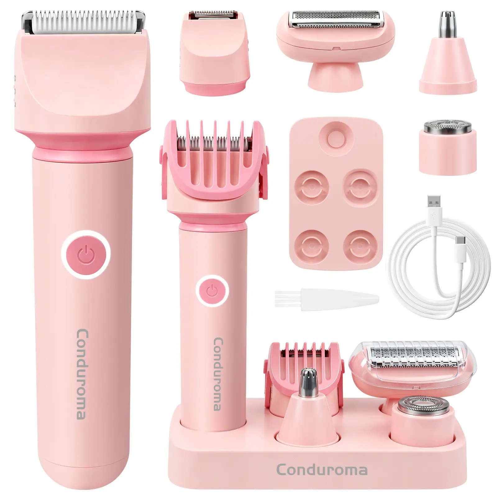 Conduroma 5 in 1 Lady Shaver & Bikini Trimmer, Cordless, Wet & Dry Electric Trimmer, for Face, Legs, Body & Bikini, Facial Nose Hair Removal Razor, Portable Intimate Shaver for Women Men, USB-C Rechargeable Body Groomer