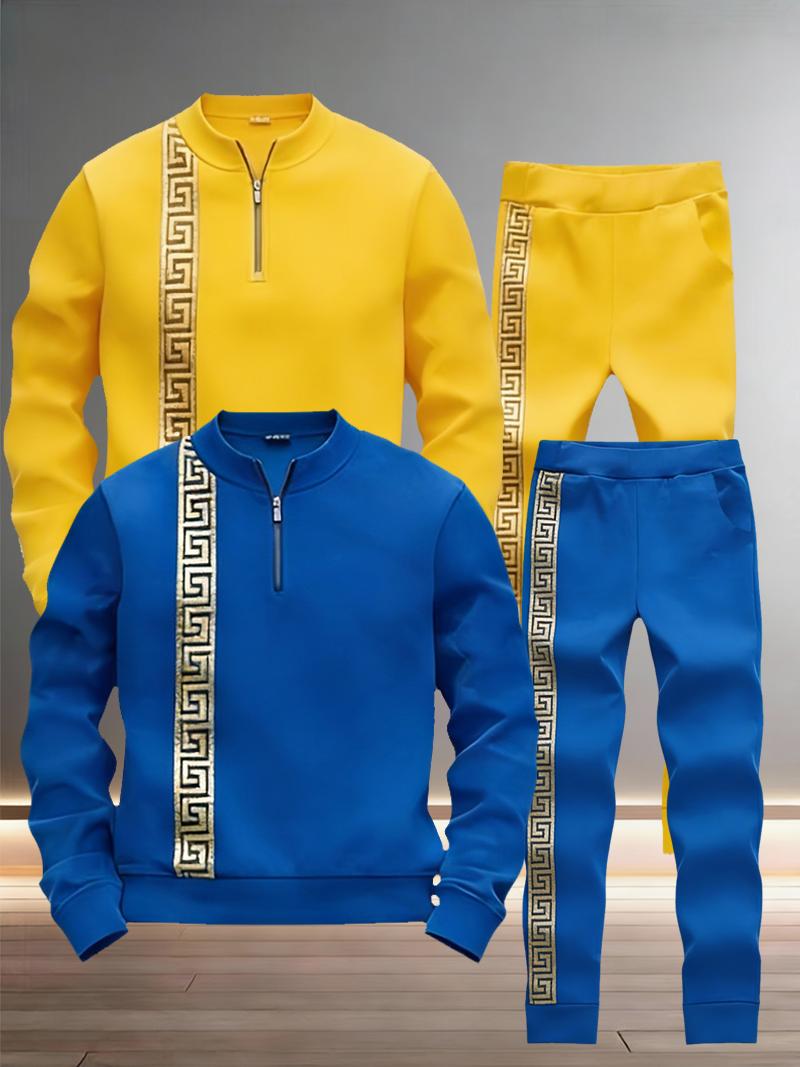Retro Greek Key Accent Men's Tracksuit - Half-Zip Stand Collar 2-Piece Activewear (Multi-Color)