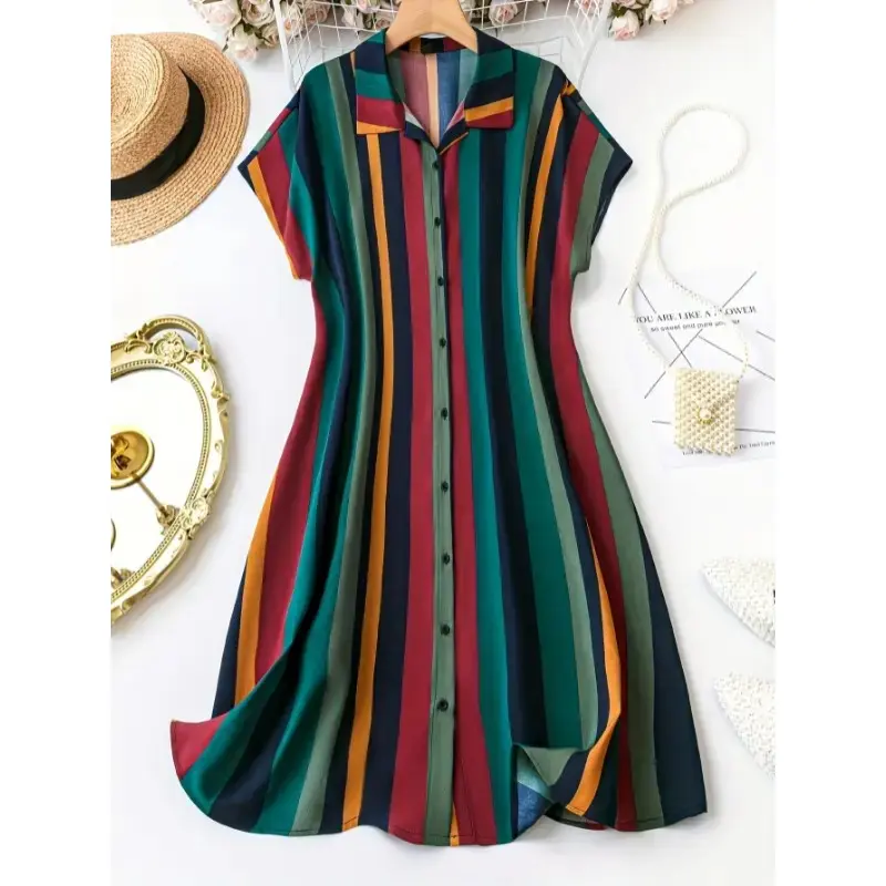 Button Front Color Block Dress, Casual Short Sleeve Striped Dress, Women's Clothing  Collar Fabric Polyester Womenswear Summer Comfort Gamis Shortsleeve Elegant Loose Midi Flowery Backless Mini beach  outfits drop  waist  dress