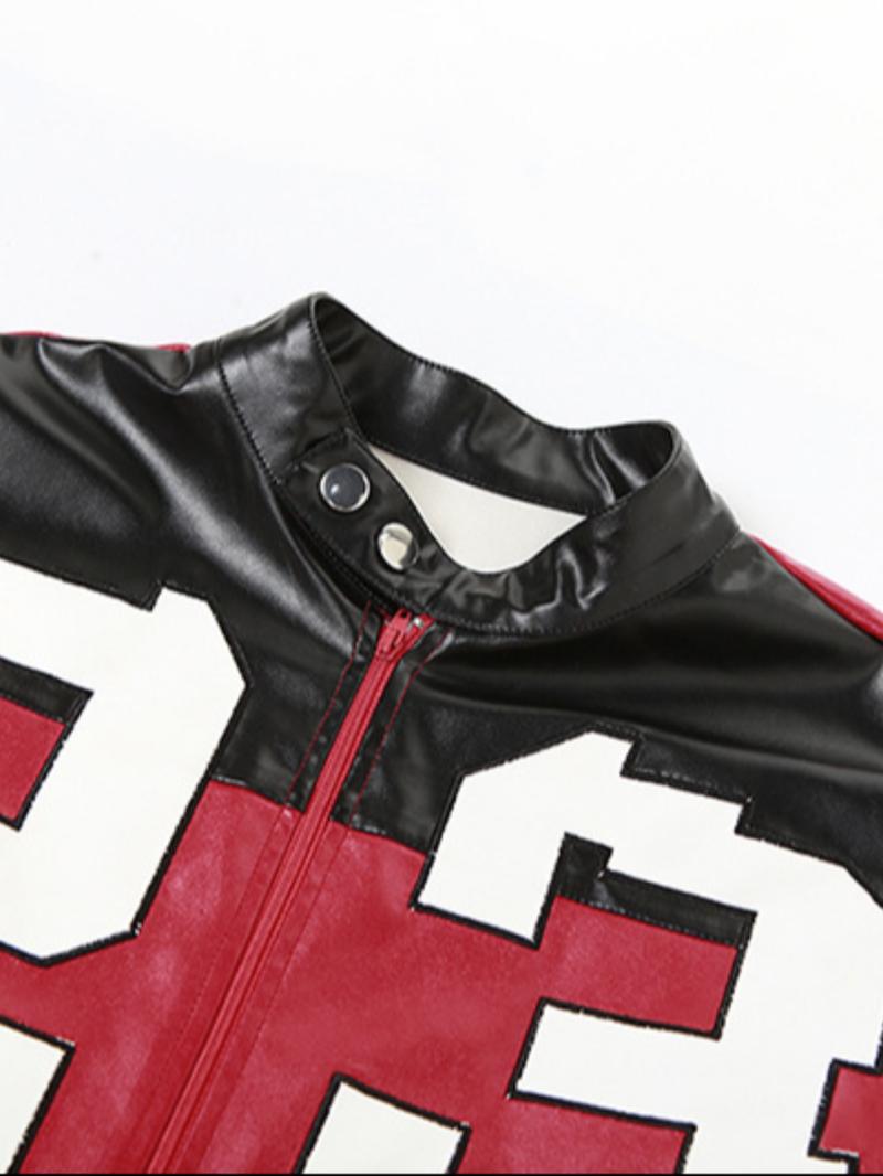 Women's Patchwork Number Embroidery Zip Up Crop Jacket, Street Fashion Drop Shoulder Long Sleeve Stand Collar Outerwear for Daily Outdoor Wear, Ladies Clothes for Fall & Winter