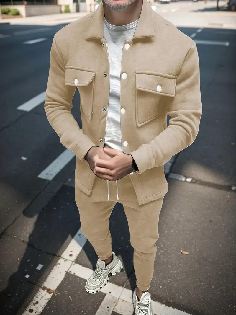 Men's Fashion Solid Color Pocket Open Button Collar Jacket and Solid Color Tethered Pants Set