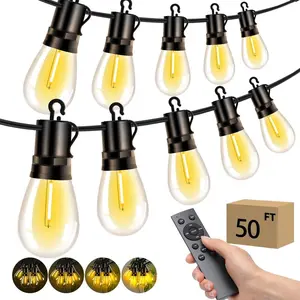 Outdoor Patio String Lights: S14 Shatterproof Bulb Outside Waterproof Light - 50Ft 15M Remote Dimmable Connectable Hanging Outdoor Electric Lighting - Garden Backyard Yard Gazebo Porch Party