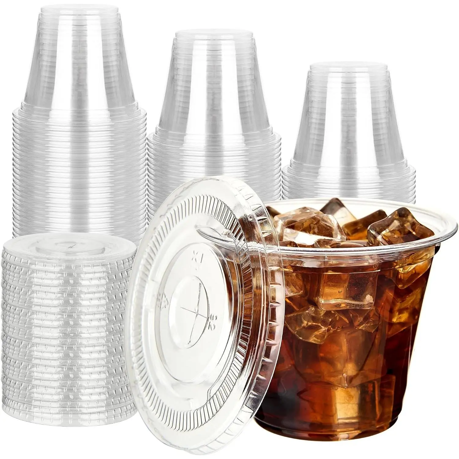 9 oz 50 Pack Clear Plastic Cups with Flat Lids, Disposable Cups With Straw Slot Lids for Cold Drinks