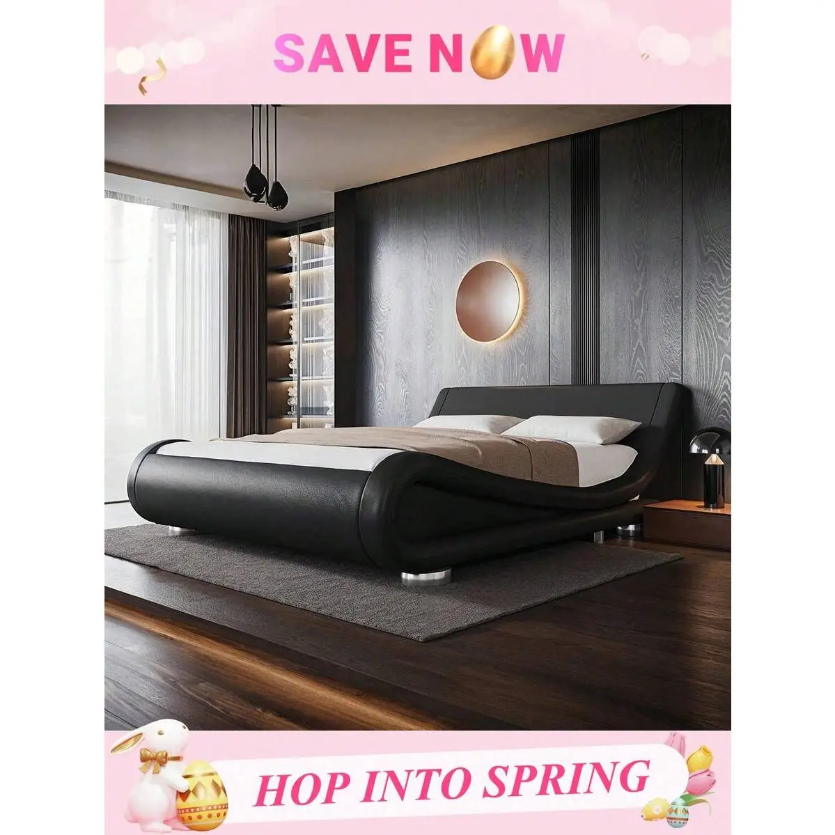 Full/QueenKing Size Bed Frame With Ergonomic & Adjustable Headboard, Low Profile Modern Upholstered Platform Sleigh Design - Easy Assembly, No Box Spring Required, Black