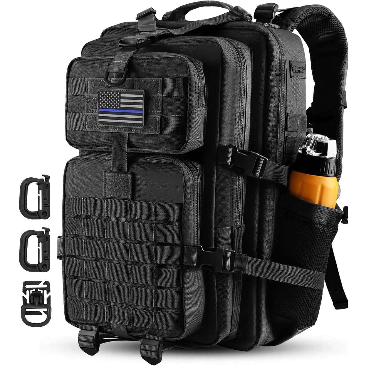 45L Tactical Military Assault Backpack for 3-Day Camping - Equipped with MOLLE, D-Rings, and Bottle Holder, Black