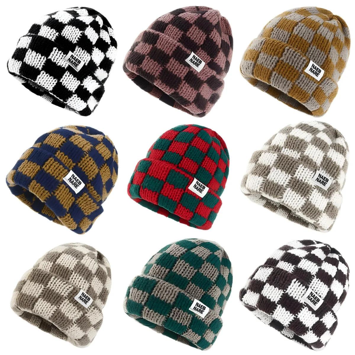 New Japanese Korean Winter Check Plaid Skullies Beanies Knit Hat for Women Ins Luxury Brand Y2k Bonnet Heavy Warm Hat Casual Cap