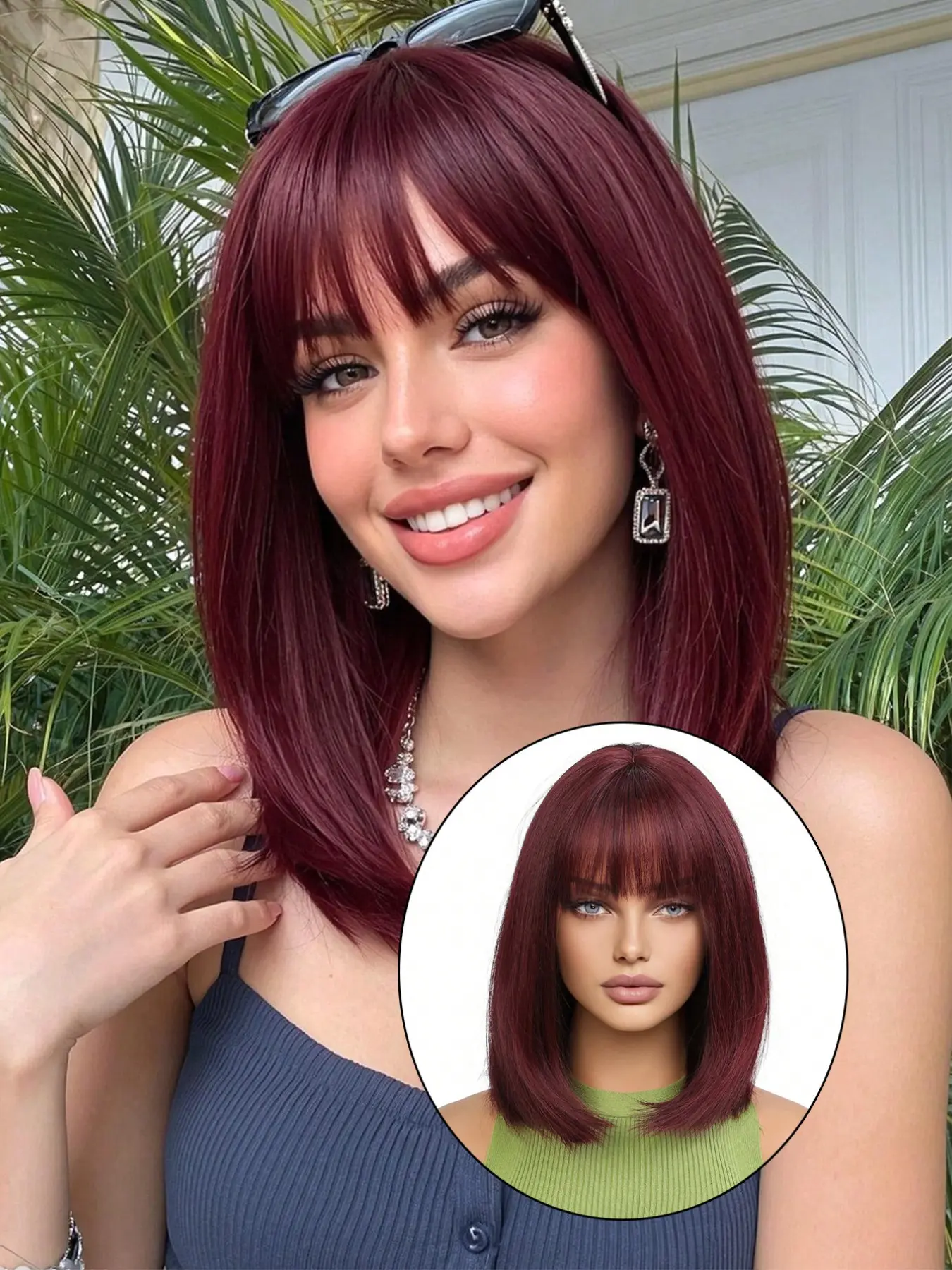 Short Straight Synthetic Wig with Bangs, Wine Red Women's Wig, 14 Inches, Heat Resistant, Natural Fiber, Daily Use, Cosplay, Party