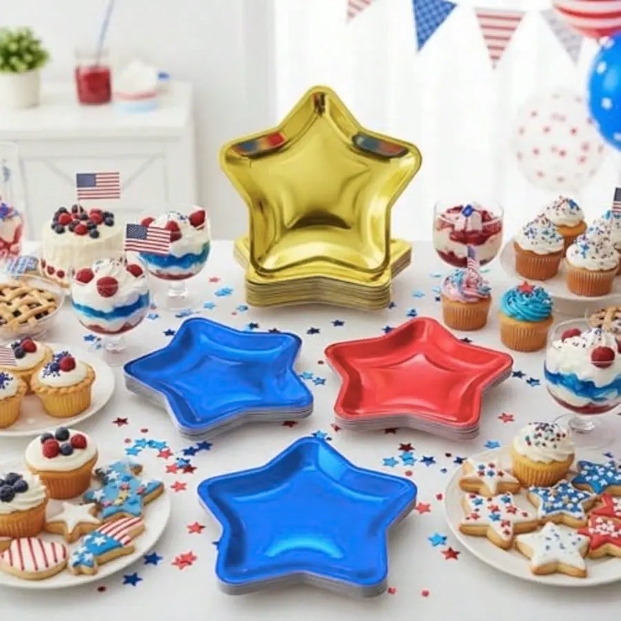 48Pcs Star Paper Party Plates,9 Inch Disposable Thick Star Shaped Plate,Pentagram Dinnerware Decorations, Party Supplies for 4th of July, Birthday, Graduation,Independence Day,Baby Shower & Patriotic