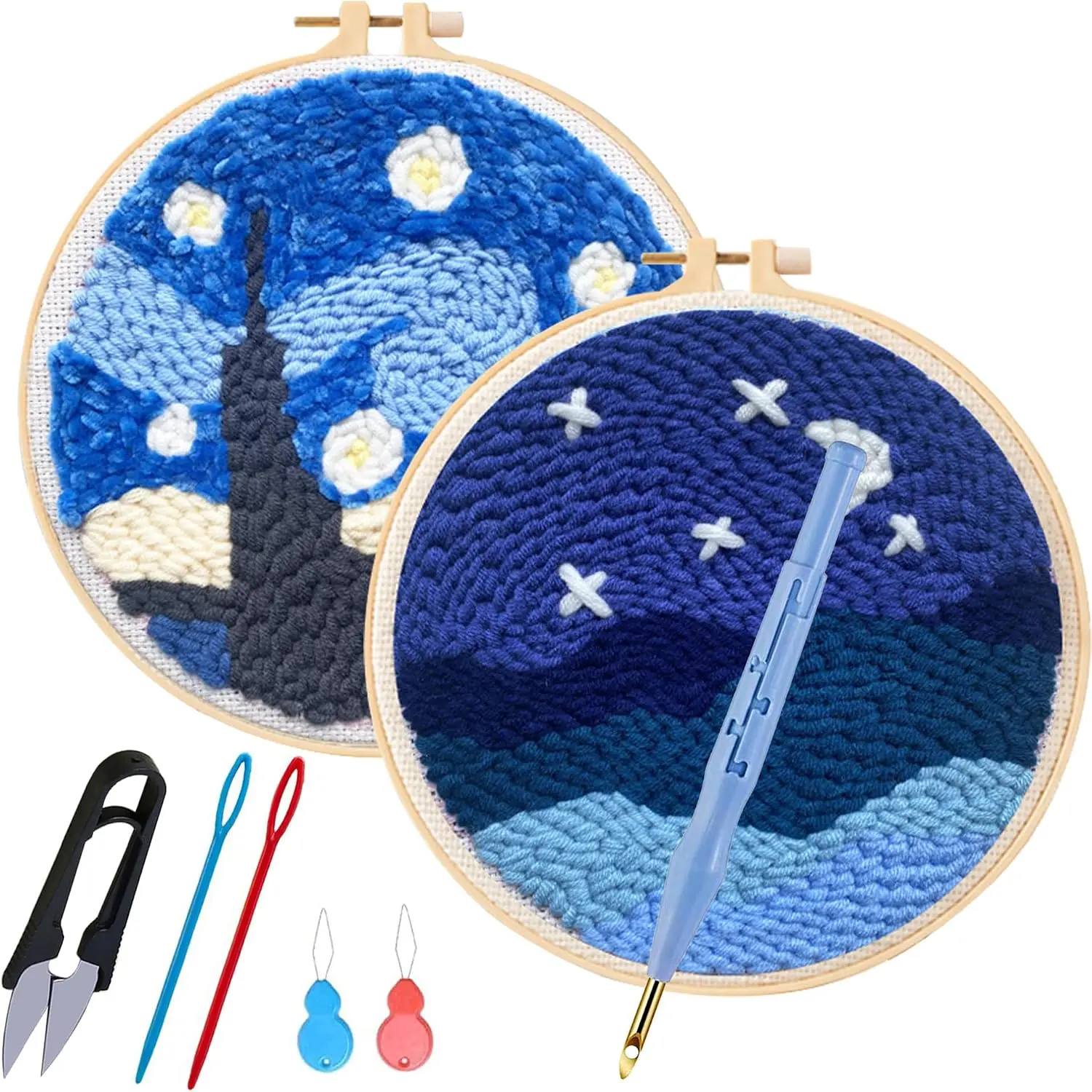 Punch  Embroidery Starter Kits,  Punch  Kits Threader Fabric Embroidery, Punch  with Adjustable Embroidery Pen for Adults  Beginner (Moonlight & Lakeside)