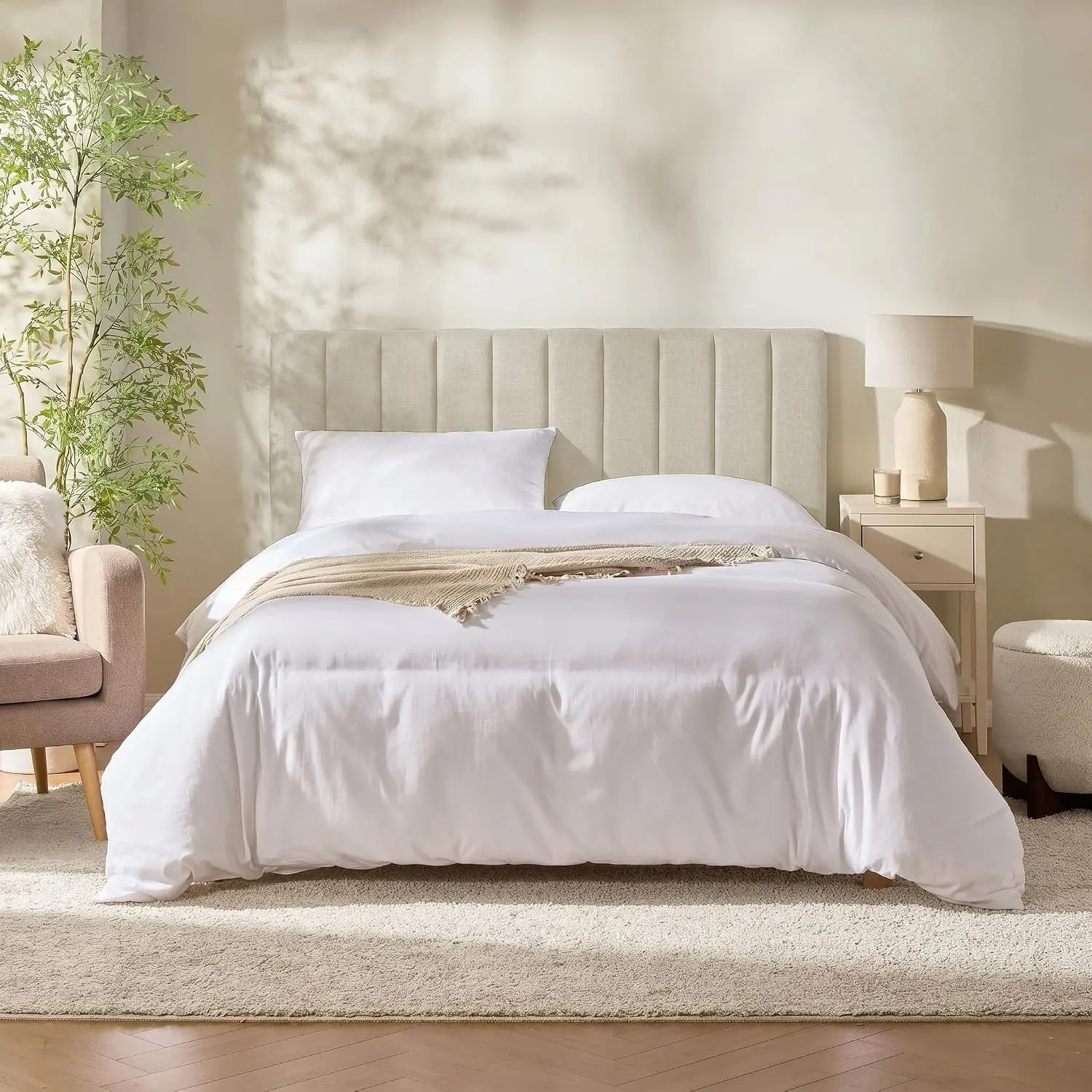 Nestl Upholstered Queen Headboard - Easy Assemble Channel Stitched Headboard Queen Size - Wall Mounted Headboards with 3D Soundproof Wall Panels Peel & Stick Floating Headboards, Linen