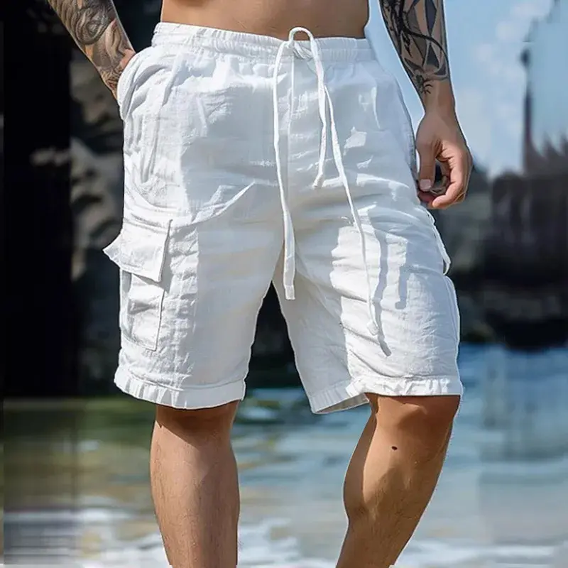 Men's White Cargo Shorts Loose Fit Streetwear Beach Multi-Pocket Design Casual Summer Wear, RelaxedFit, CasualStyle, ClosetEssential, SmartCasual, WardrobeEssential, EverydayEssential