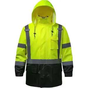 Reflective Waterproof Rain Jackets for Men Hi Vis Safety Class 3 Coat With Reflective Strips 2 Large Pockets Zipper Black Bottom Lime LG/XL