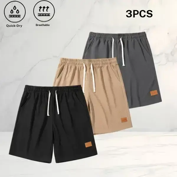 Men’s Summer Breathable Three Pack Waffle Shorts, trendy casual style, quick drying and breathable, drawstring adjustable waistband, side pockets, loose fit for gym training and outdoor camping lightweight