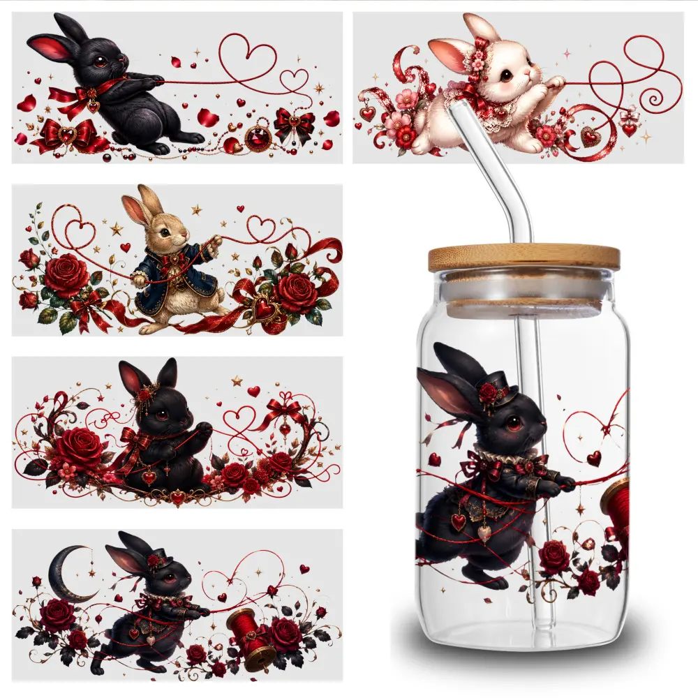 5 Sheets Romantic Rabbit Motif UV DTF Transfer Stickers - Waterproof Self-Adhesive 3D Crystal Label for 16oz Glass Mug, Water Bottle - High-Quality Practical Wrap for Cup Packaging