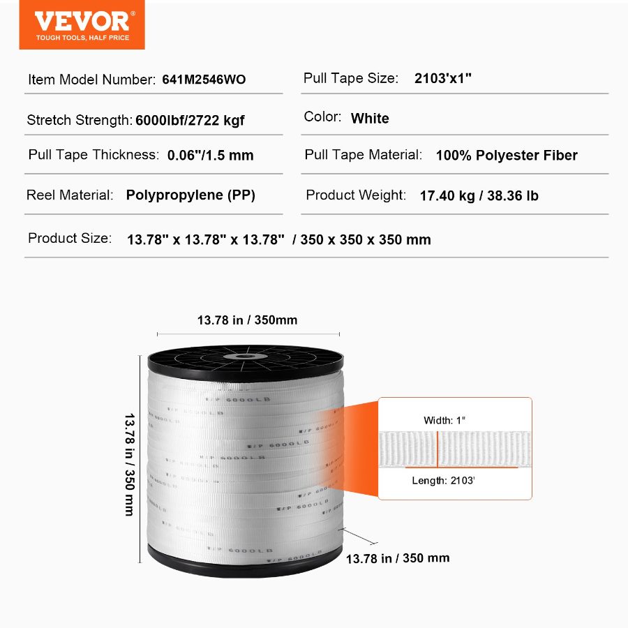 VEVOR Polyester Pull Tape, 1x 2103' Mule Tape Flat Rope, 6000 lbf Tensile Capacity, Printed Webbing Cable Pulling Tape for Packaging, Gardening, Commercial Electrical, Conduit Work, White