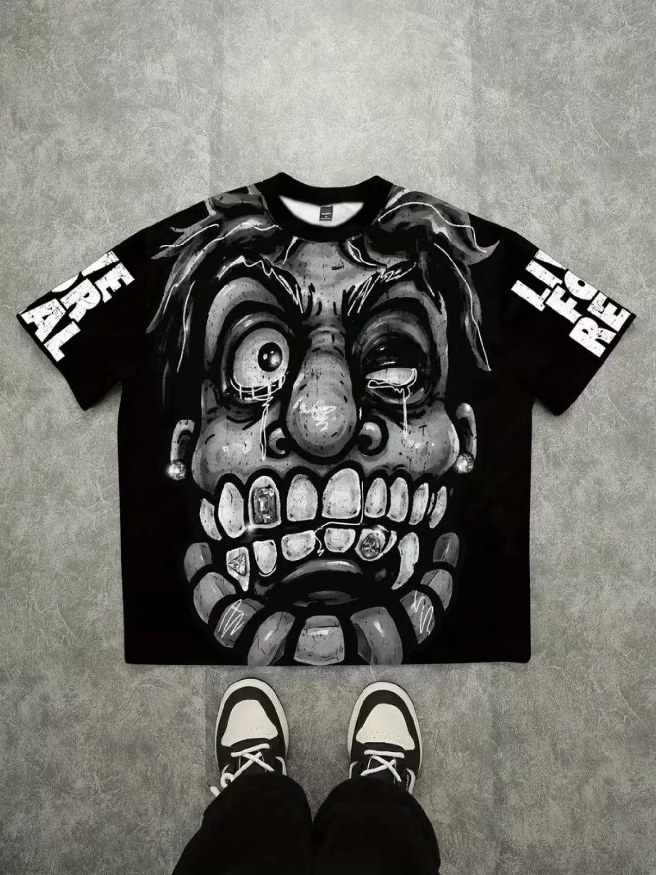 Men's Loose Street Fashion Humorous Face Print T-Shirt, Round Neck Top, Casual Sports Wear, Digital Print