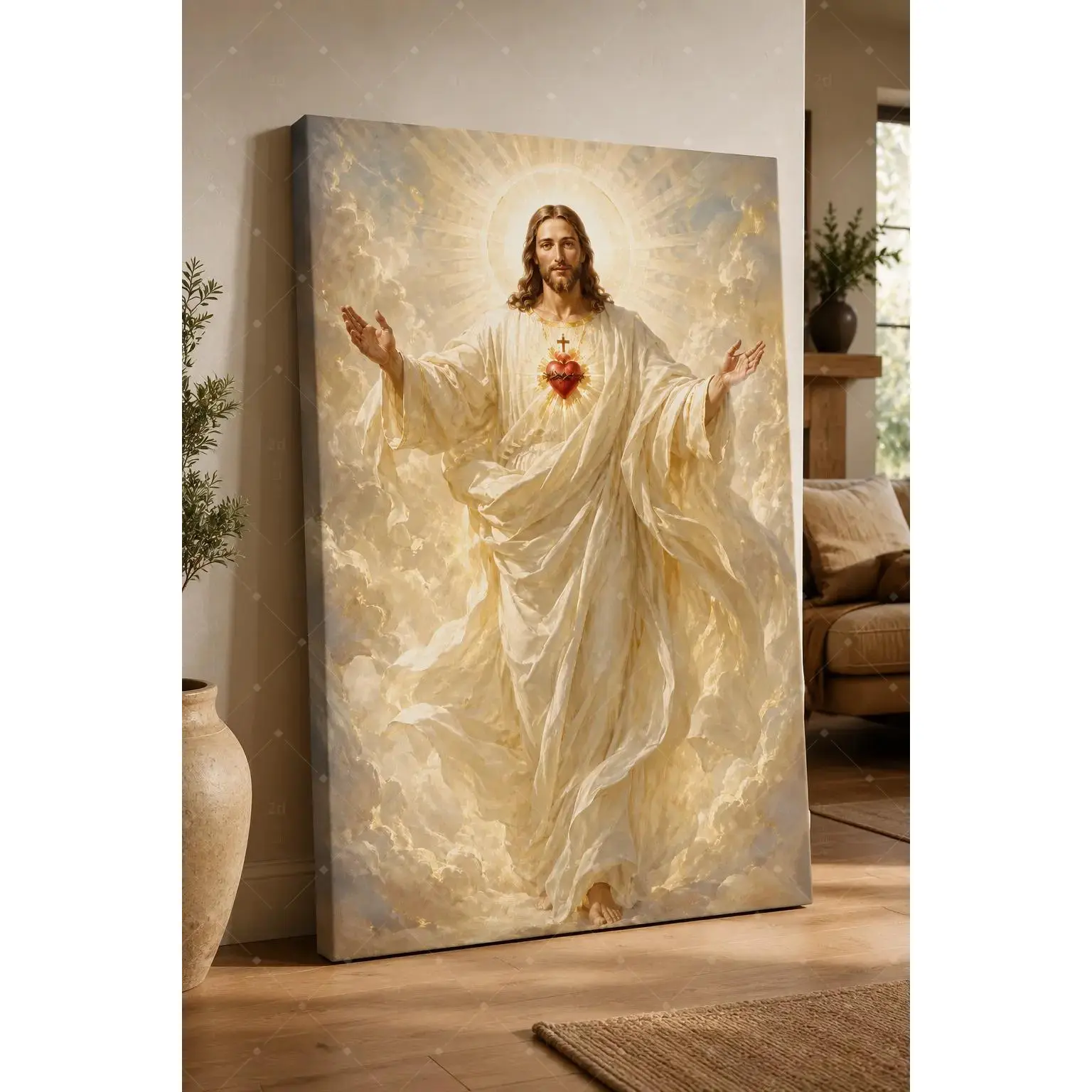 Sacred Heart Jesus Canvas Wall Art - Christian Cream Biblical Themed Poster Print with Clouds, 24x36in Textured Finish, Light Gold Faith Decor, Flexible Styling Unframed Poster/Framed Wrap for Bathroom, Classroom