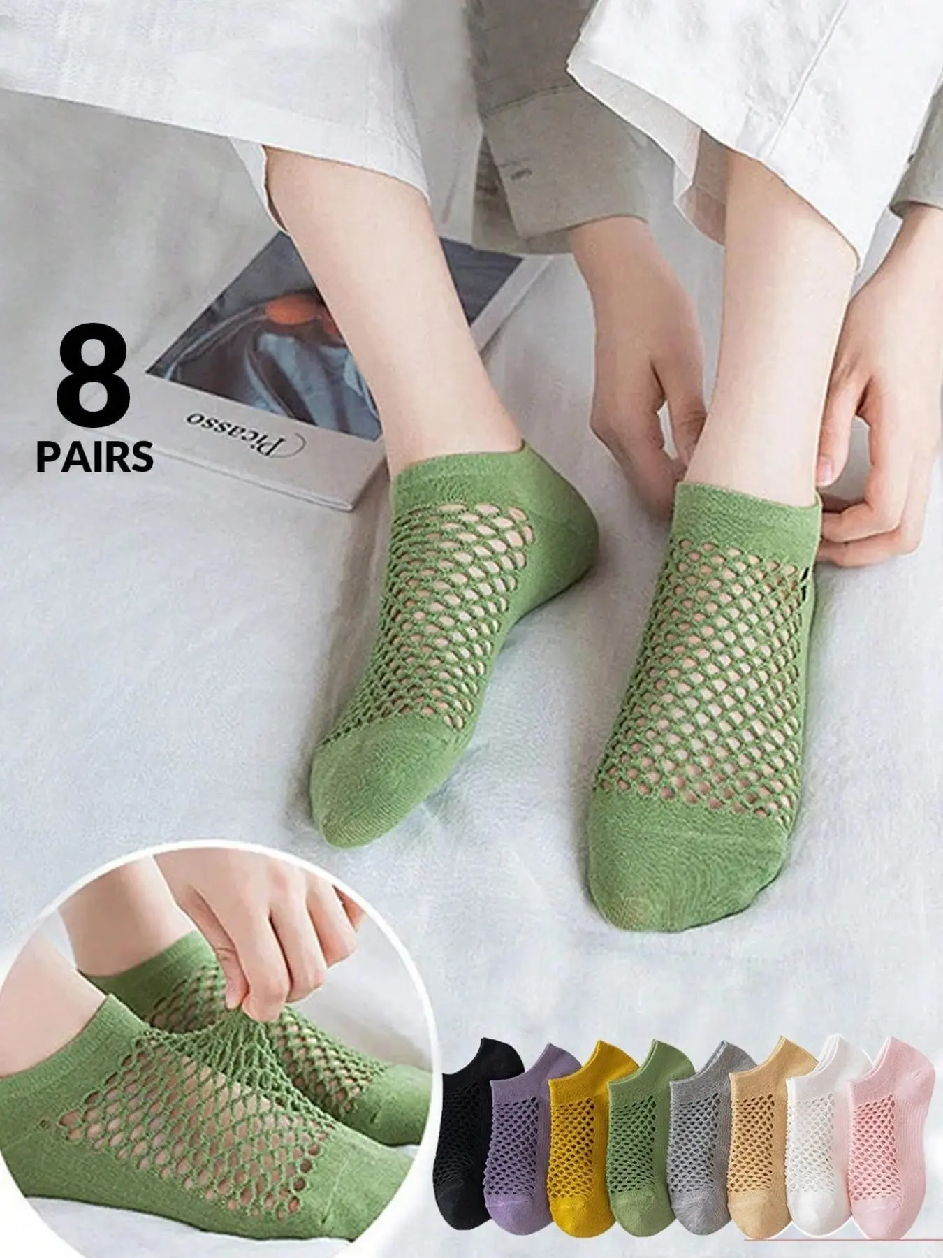 8 Pairs Women's Socks, Korean Style Hollow Out Crew Socks, Invisible Plain Socks, Comfortable Breathable Summer Socks, Sweatproof Odor-Resistant