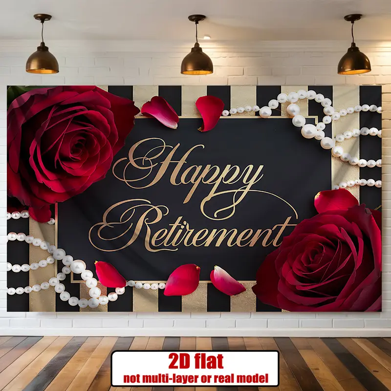 2D flat, an elegant retirement party banner - gold glitter "Happy Retirement" text, with red roses and hearts, black and white checkered background, polyester wall decoration, suitable for home, room, or party celebrations, retirement party decoration, 2D