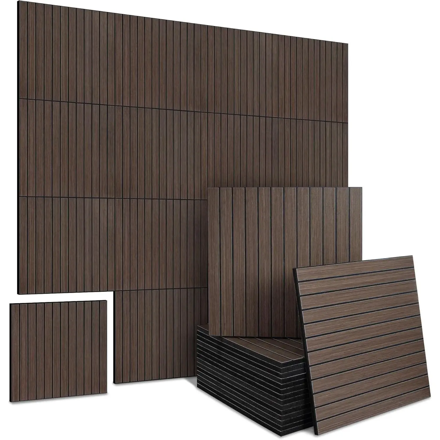 16-Pack Peel and Stick Acoustic Wall Panels, 11.8" x 11.8"  Soundproof & Noise Cancelling Acoustic Felt, Self-Adhesive  Sound Absorbing Slat Wall Paneling for Interior Wall Decor, Walnut