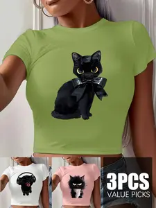 3Pcs Women's Crew Neck Cropped Baby Tee, Funny Black Cat Print, Multiple Colors Available, Machine Washable, Spring & Summer Tops, Soft Skin-Friendly Fabric, Daily Versatile, Fashion Design