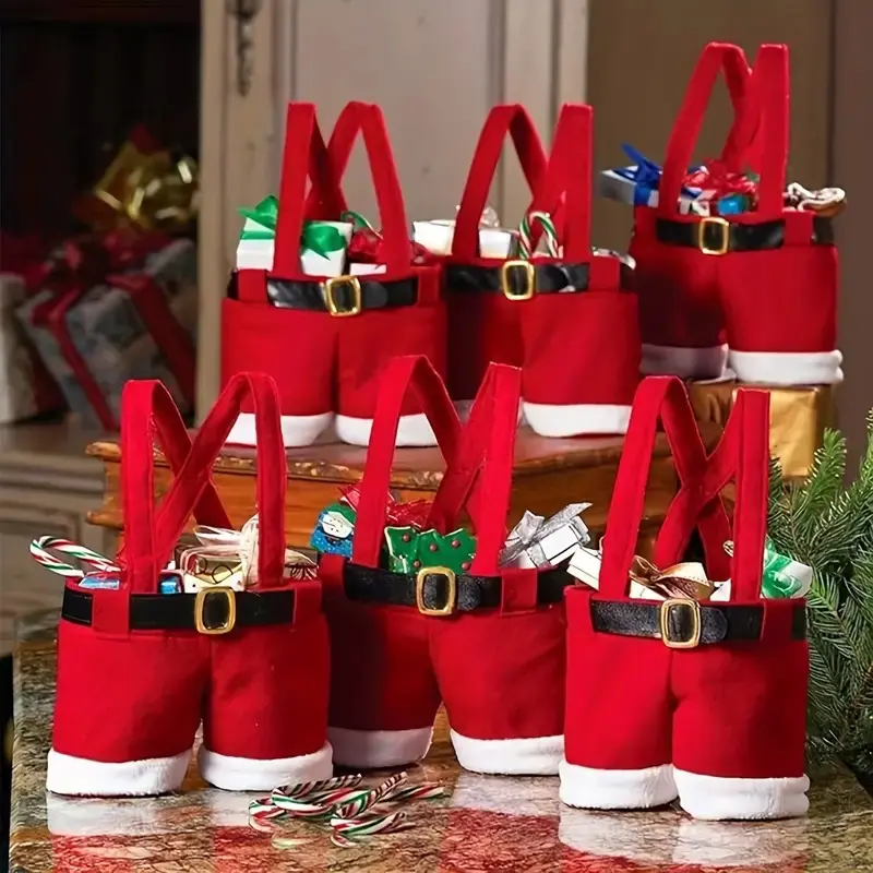 6 Christmas Claus Pants Candy Bags, Portable Gift Bags with Handles, Party Favor Bags, Goodie Bags, Wedding Gift Wrapping, Holiday Atmosphere, 4.7x7.87 Inches
