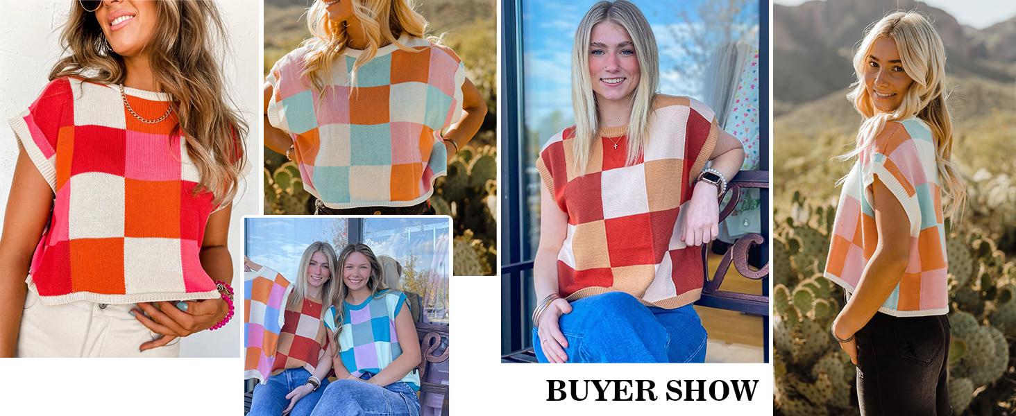 Saodimallsu Womens Cap Sleeve Crop Tops Summer Color Block Going Out Crew Neck Knit Trendy Casual Sweater