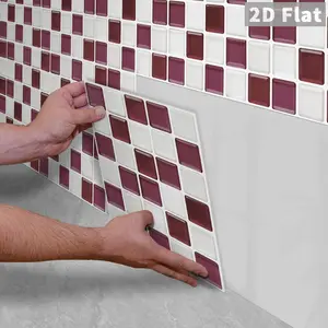 10PCS/Color Box GST Burgundy & Cream White Square Mosaic PE Foam Tile Stickers, Waterproof Oilproof Shock & Wear Resistant, Peel & Stick on Smooth Surfaces for Bedroom Kitchen Bathroom School Office Home & Commercial Wall Renovation Decor