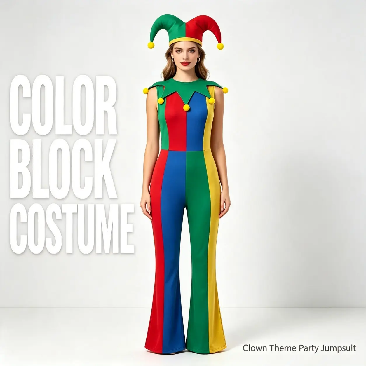 Women's Color Block Jester Sleeveless Jumpsuit with Hat, Halloween Harlequin Clown Cosplay Costume