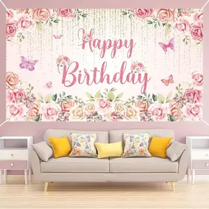 2D Flat Banner 1pc, Flower Birthday Party Decoration, Polyester Cake Table Banner, Indoor Outdoor Birthday Decor, No Power Needed