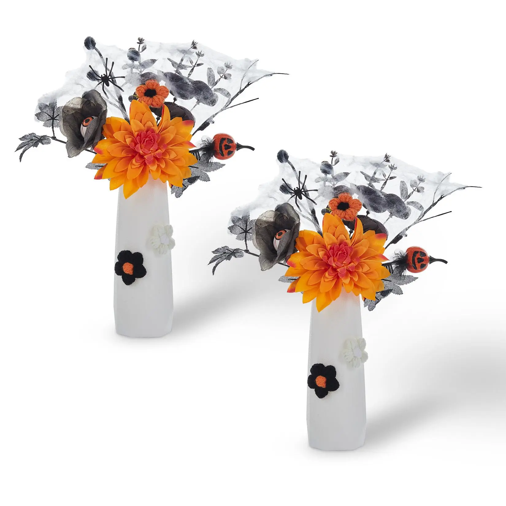 2-Pack Gothic Artificial Floral Centerpiece Set with Vases - 13.8" Eyeball Flowers, Orange Pumpkins, Yarn Accents, Fruit Elements - Tabletop Decor for Home Office, Spooky Fall Party Ornaments, Black Gift