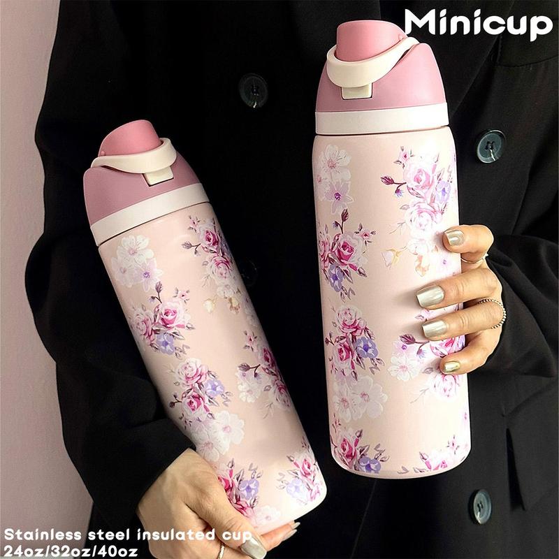 Floral Pattern Vacuum Flask, 1 Count Portable Water Bottle with Straw, Drinking Cup for Home Office School Outdoor Camping, Tumbler with Lid, Drinkware
