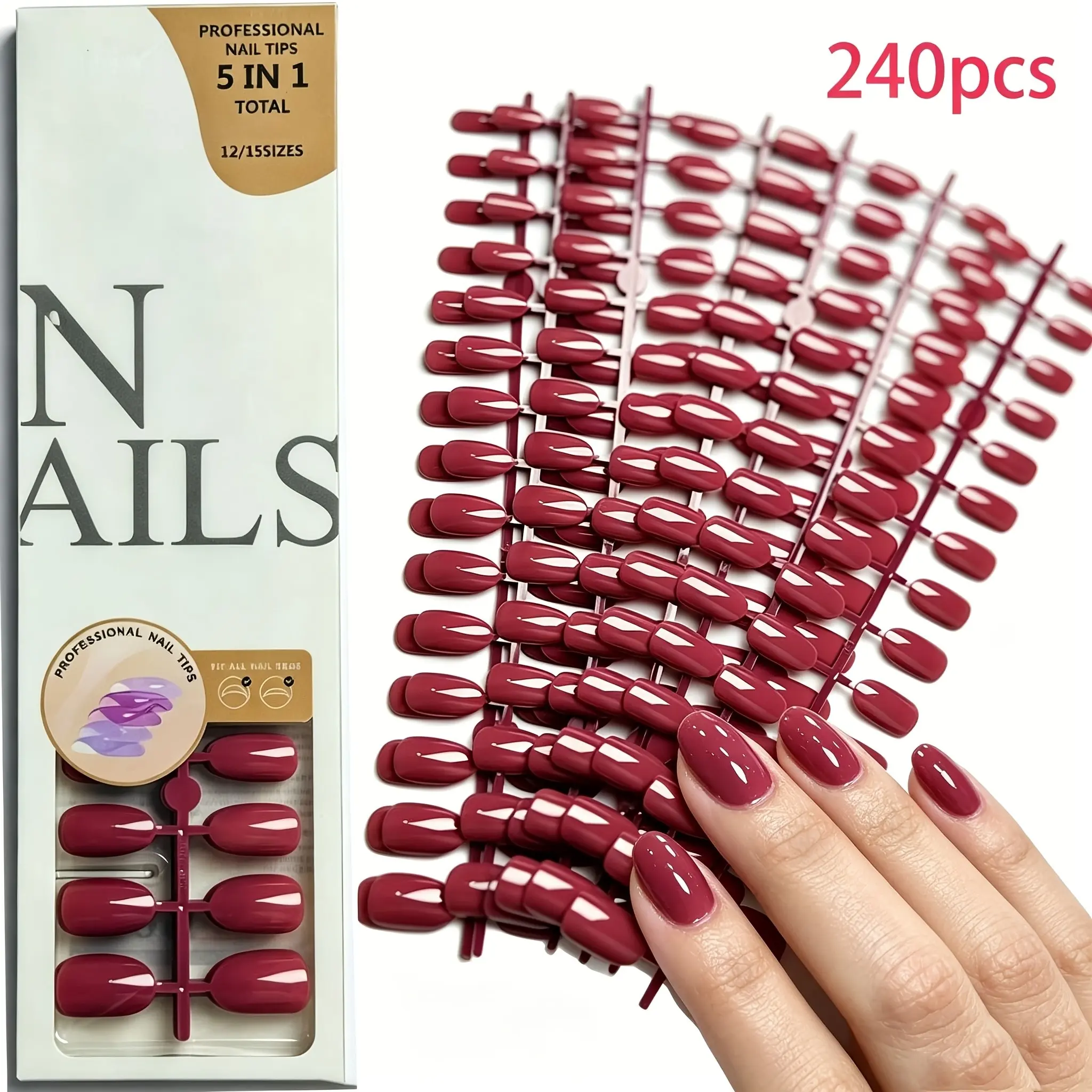 240 Piece Peach Oval Full Peel-Off Reusable Nail Art Kit, 15 Sizes, Reusable Adhesive Nails for Women, Easy Application
