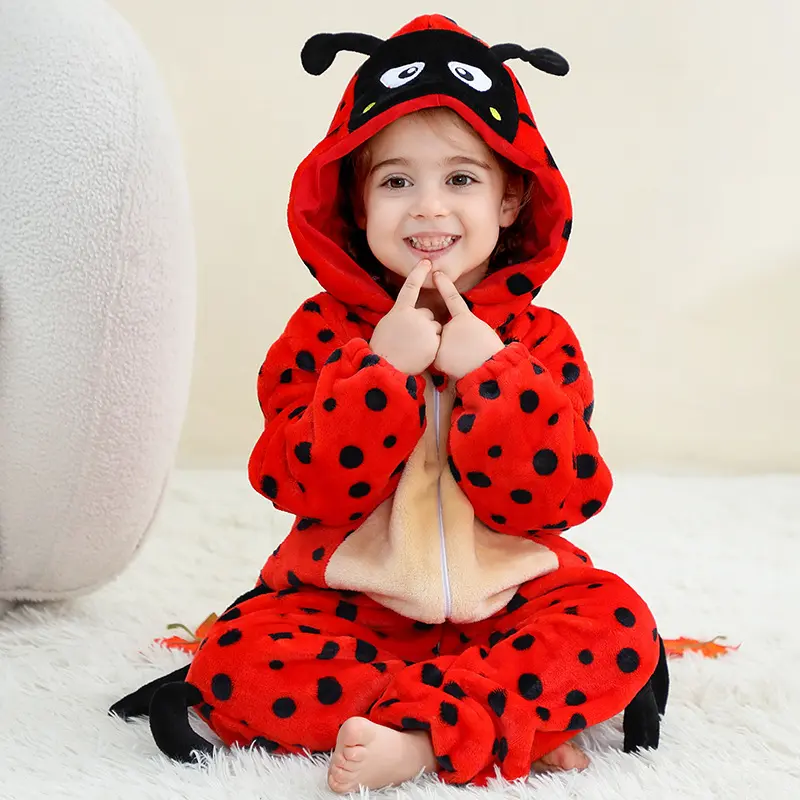Kids' Red Ladybug Spots Plush Onesie Costume Pajamas - Hypoallergenic Cotton, Soft Flannel Hooded Jumpsuit, 2-Way Zip, Playful Cute for Toddlers Boys Girls Halloween Fun Cosplay Party