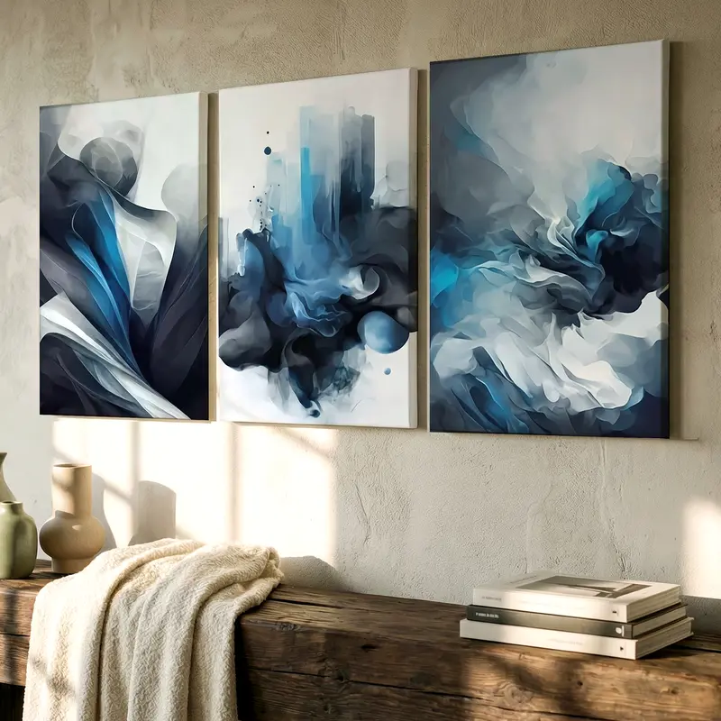 Home Supplies 3-Piece Modern Artistic Classical Abstract Art Print Set - Blue Large Wall Decor for Bedroom, Kid Room, Thanksgiving, Independence Day, Indoor Use, Wall Decoration