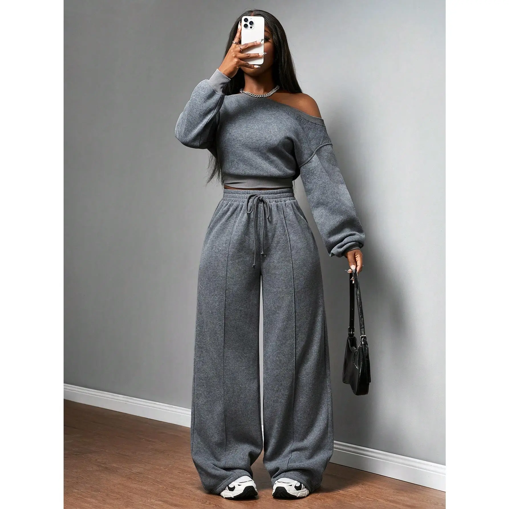 2 Piece Pants Set for Women Off The Shoulder Crop Top Baggy Sweatpants Casual Airport Outfits