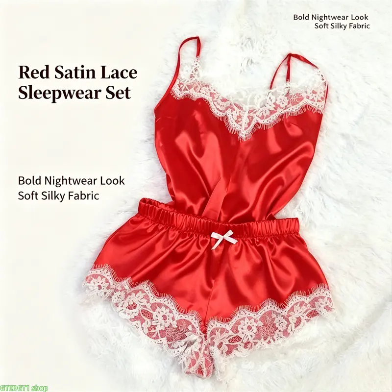 Women Silky Satin Eyelash Lace Cami Short Pajama Set, V Neck Spaghetti Strap Lingerie Loungewear With Elastic Waist Bow Trim For Bedroom Night Date Casual Lounge At Home