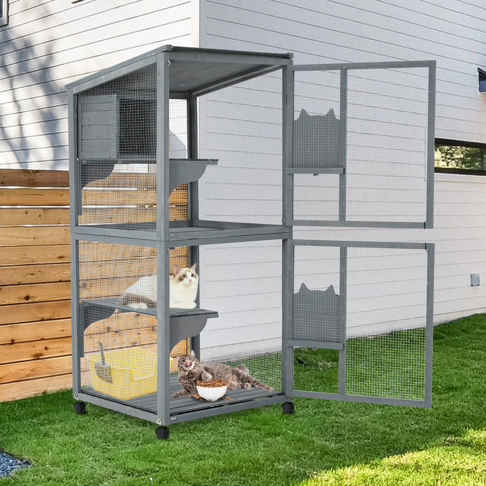 69" Wooden Large 2-Tier Catio Enclosur,Indoor and Outdoor Cat House with Waterproof Roof and Resting Boxes & Fixable Wheels,Wooden Catio Outdoor Cat Enclosure,Gray