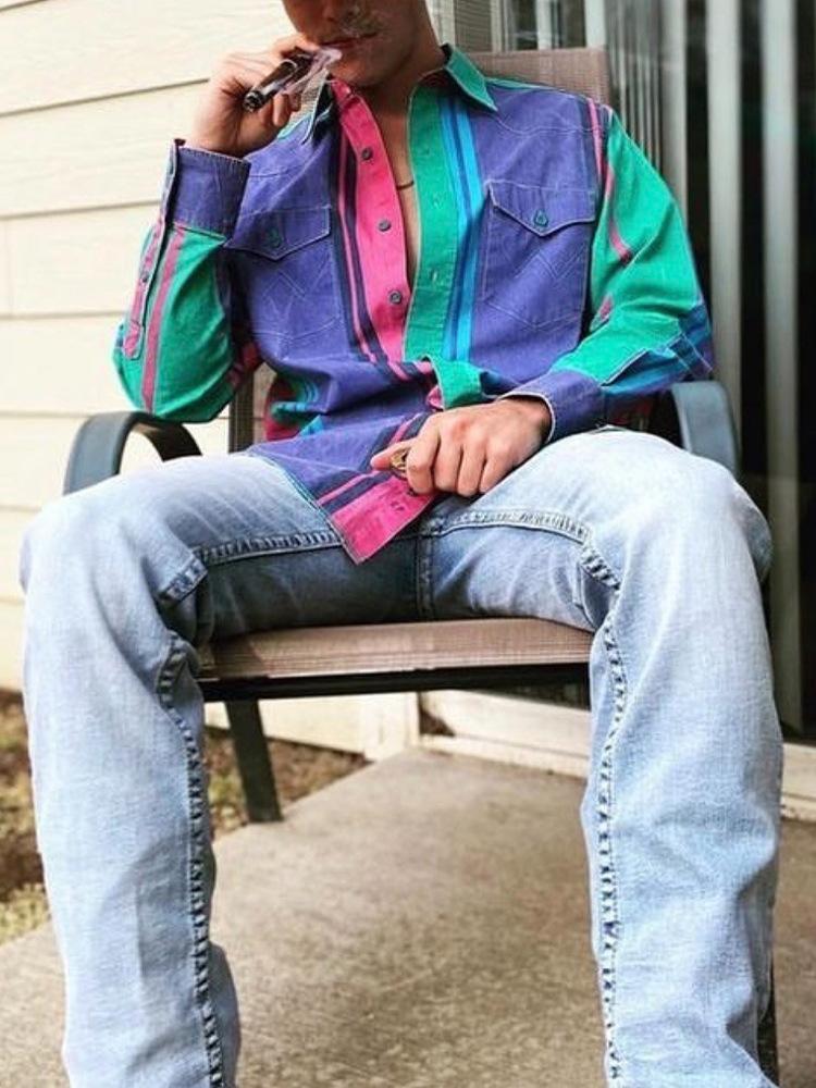 Men's Western Cowboy Style Retro Print Loose Long Sleeve Shirt Striped Casual Button Autumn Top Suitable for Streetwear Menswear233