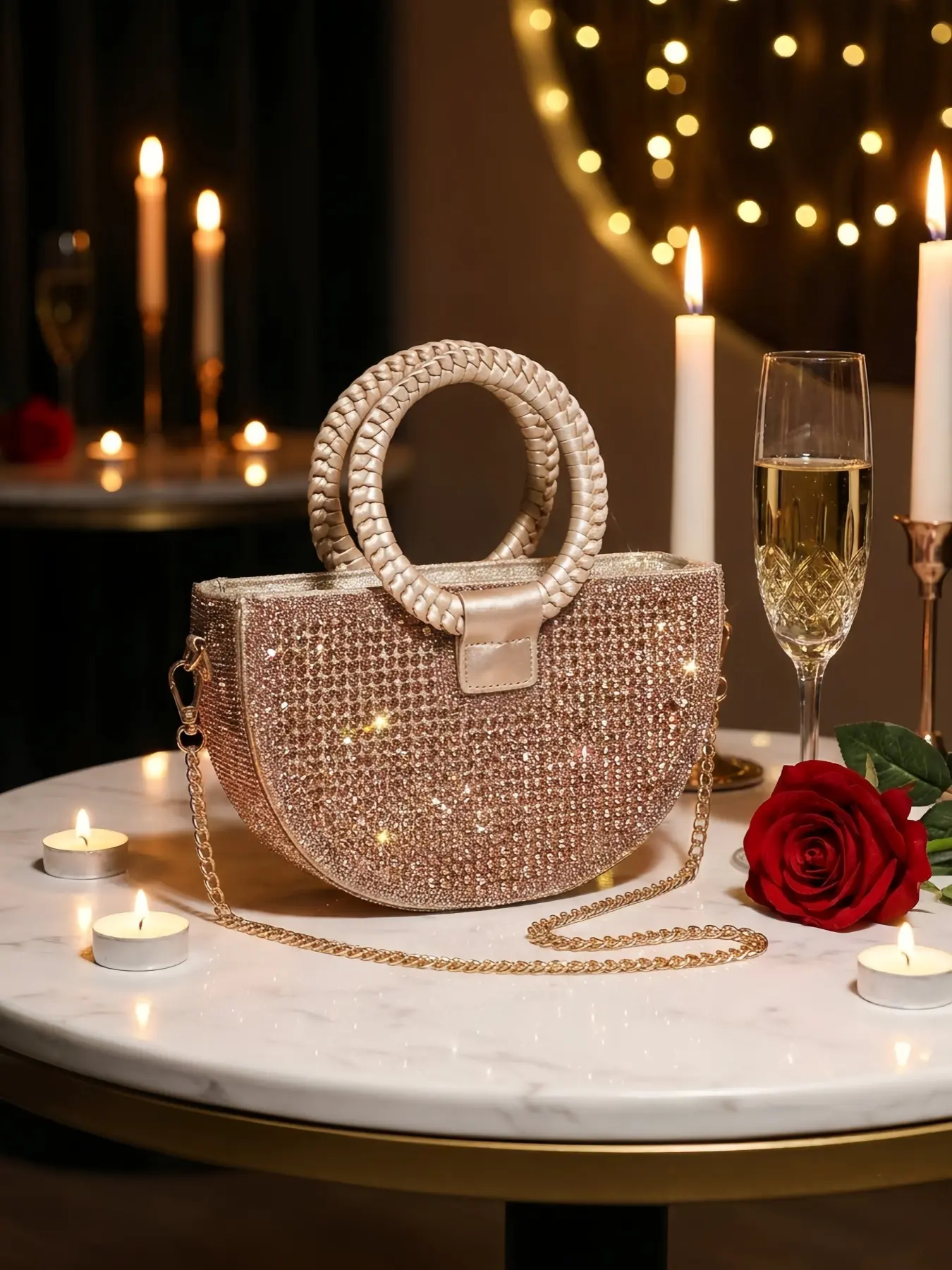 BagTok Viral Rhinestone Semicircle Evening Clutch for Women Double Woven Round Handle Handbag Detachable Gold Chain Crossbody Purse for Wedding Guest Prom Cocktail Black Tie Gala Party