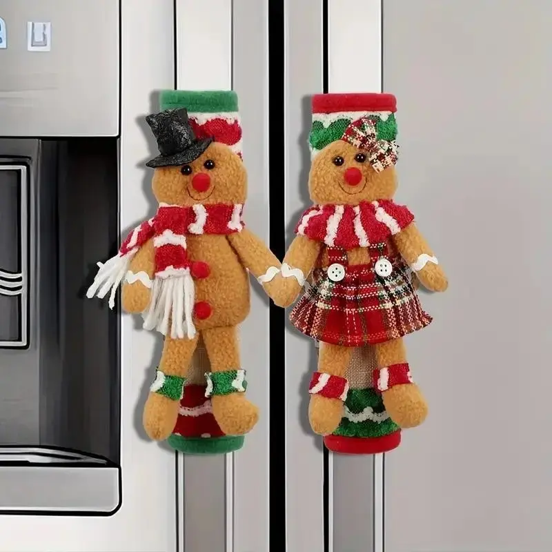 2 Pcs Christmas Gingerbread Refrigerator Handle Covers, Classic Polyester Holiday Kitchen Decor, Festive Home and Kitchen Accessories