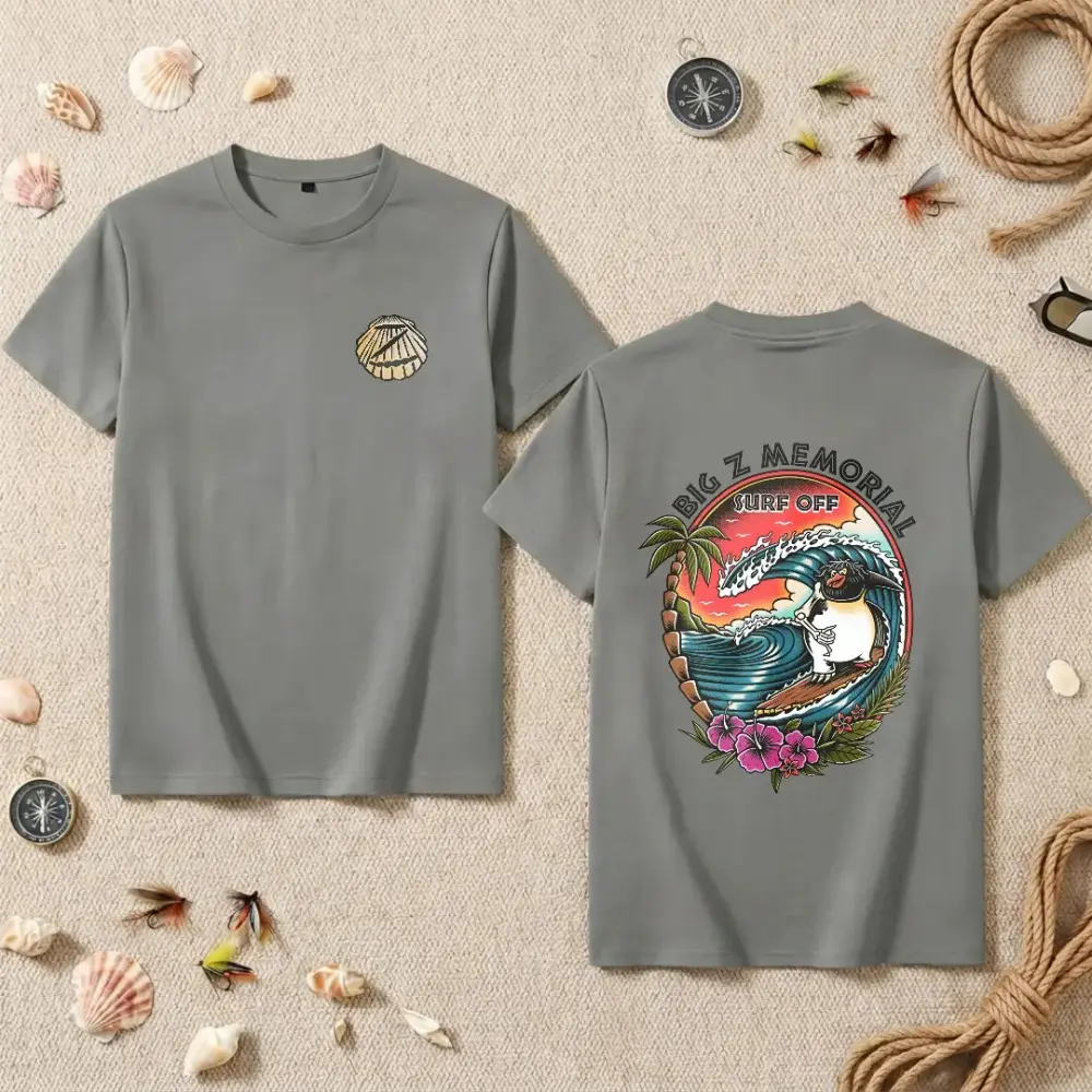 Women's Short-Sleeve Cotton T-Shirt - Humorous Retro Hawaiian Penguin Design, Big Z Garment, Surf's Up Fans Tee, Unisex Oversized Menswear, Personalized Customized Casual Streetwear, Vacation Outfit Gift Idea, Shortsleeve, Loose, Classic, Basic, Day, Outd