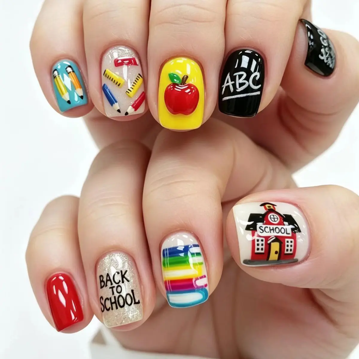 School Nail Art - Back to School Pencil Apple Design Press On Nails, Cute Cartoon Short Square Shape, Trendy Kids Fashion Accessory for Girls