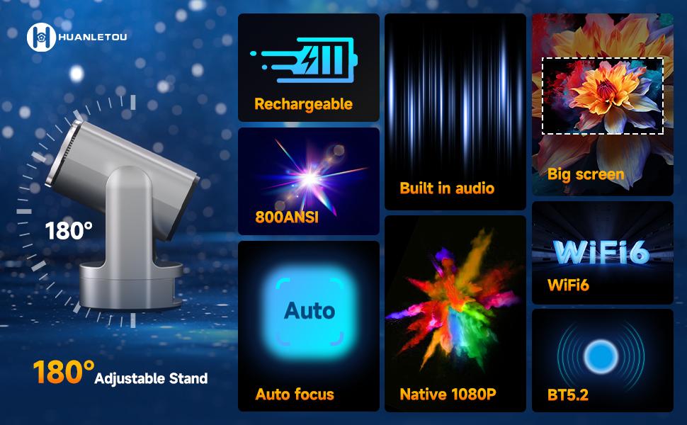 With batteries Rechargeable Mini Android Outdoor projector, 800ANSI native 1080P resolution, auto focus and auto trapezoidal correction, 200-inch screen WiFi6 bt5.2 multi-functional UHD outdoor entertainment projector.