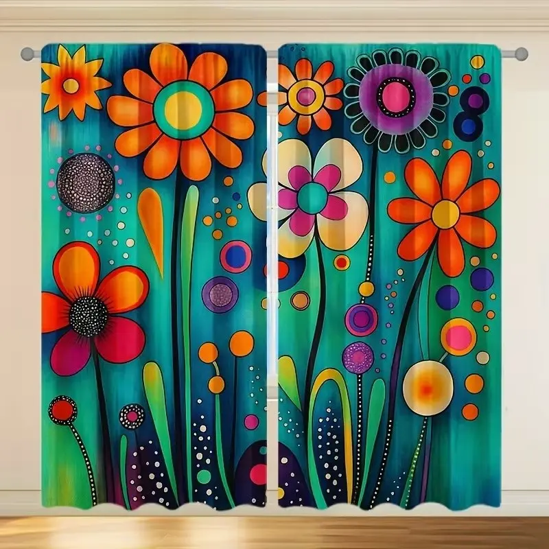 2 Piece Polyester 2D Plant Theme Curtains, Ready Made Curtains, Cartoon Colorful Flower Pattern Rod Pocket Drapes, Bedroom and Living Room Decor, Window Curtain, Curtains Floral