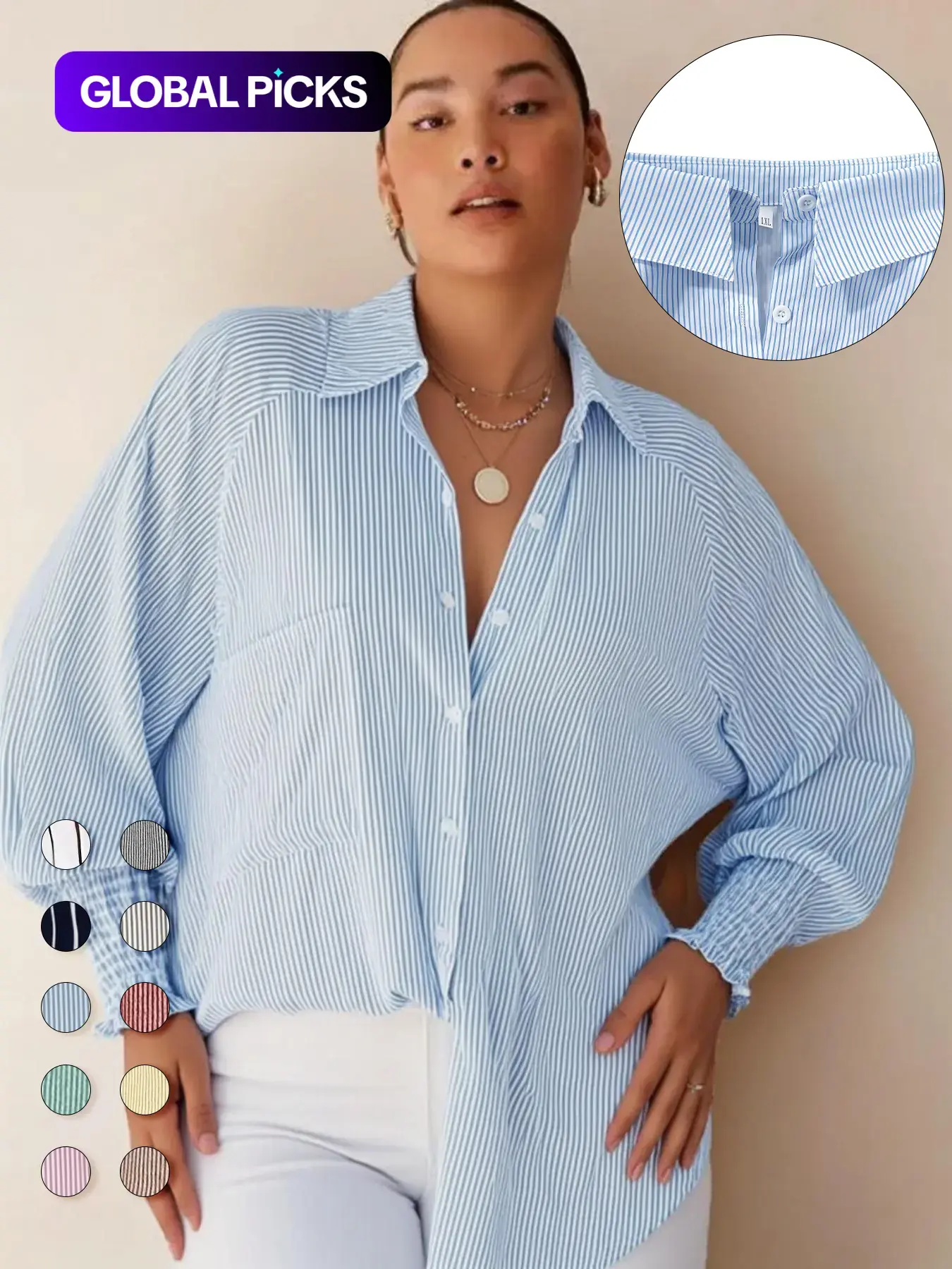 Plus Size Striped Print Button Front Pocket Shirred Blouse, Casual Bishop Sleeve Top for Daily Holiday Wear, Women's Clothes for Spring & Fall