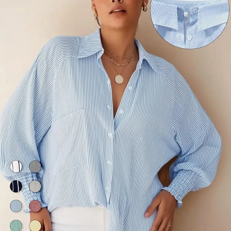 Plus Size Striped Print Button Front Pocket Shirred Blouse, Casual Bishop Sleeve Top for Daily Holiday Wear, Women's Clothes for Spring & Fall, Casual Everyday Tops