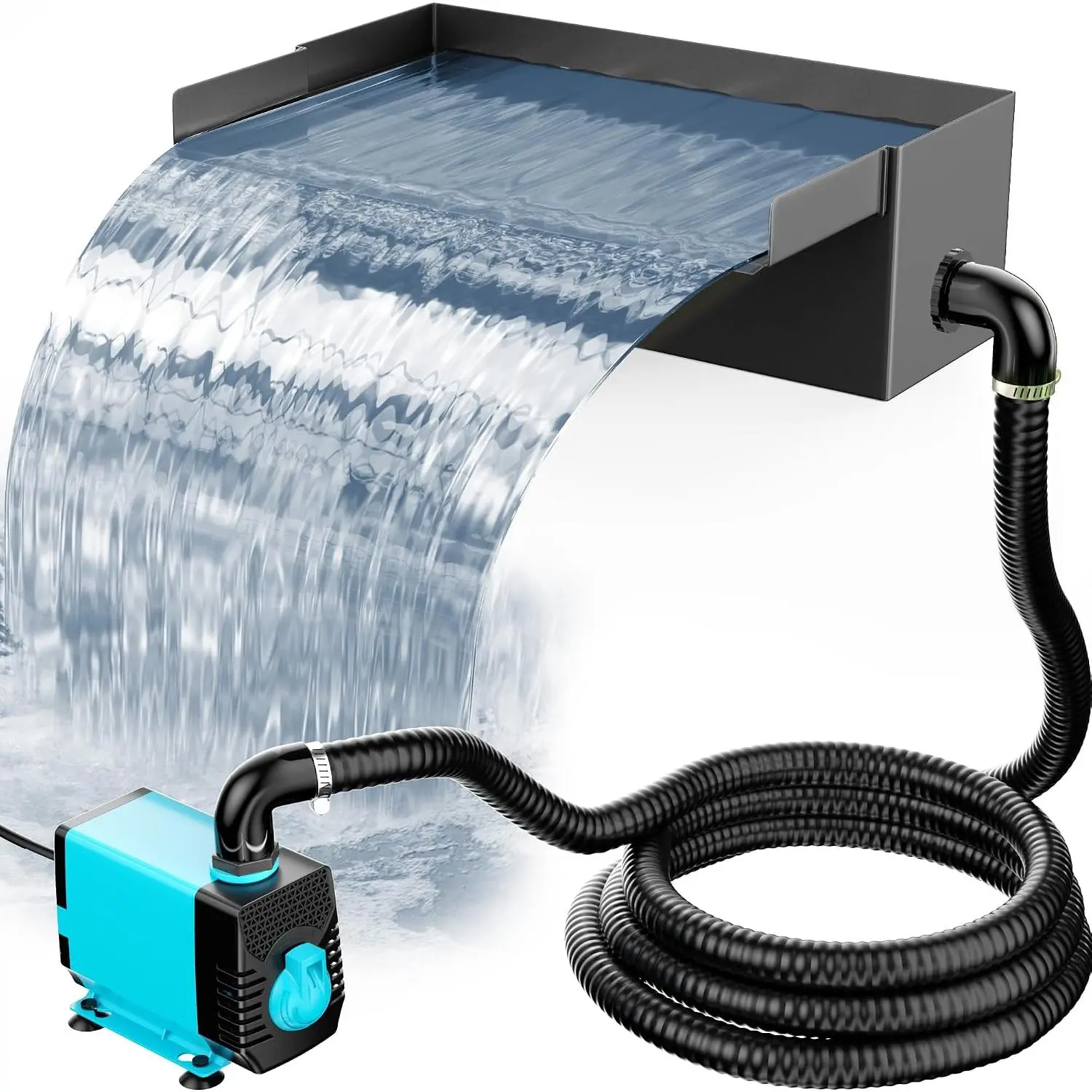 Pond Waterfall Spillway with Pump Kit, 304 Stainless Steel Pond Waterfall, Pond Spillway with 9.8FT Corrugated Tubing for Garden,Water Features (8“)-P42