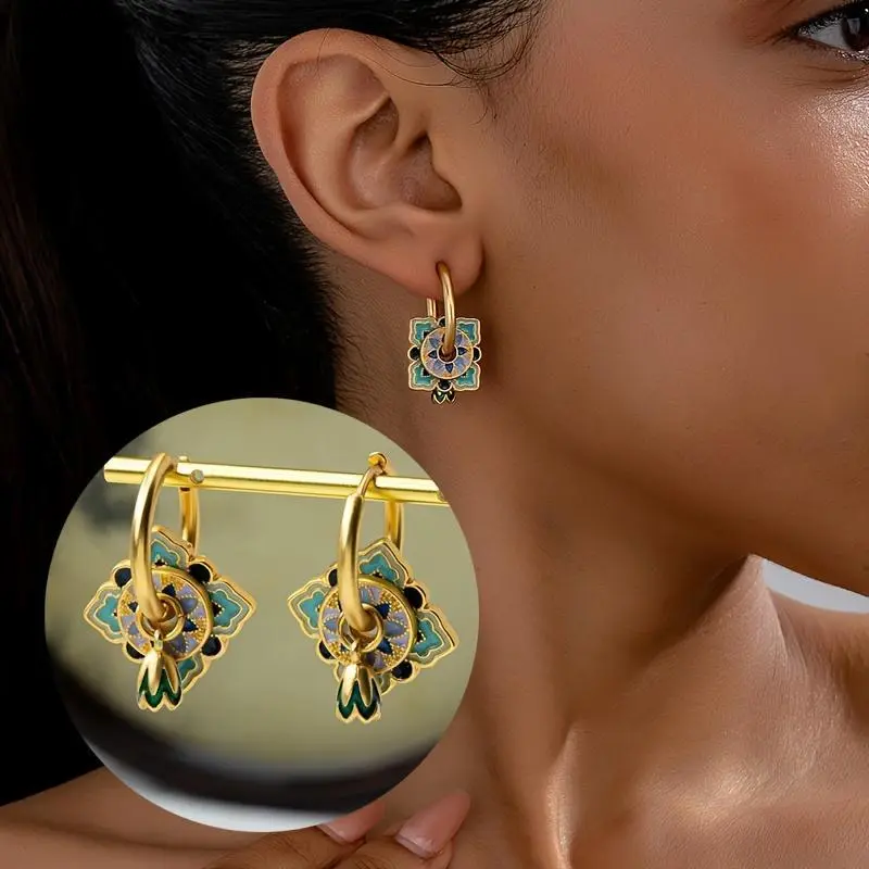 Gold-Tone Hoop Earrings with Boho Moroccan Tile Dangle, Ethnic Enamel Flower Motif Costume Jewelry for Women, Earring Stack, Female