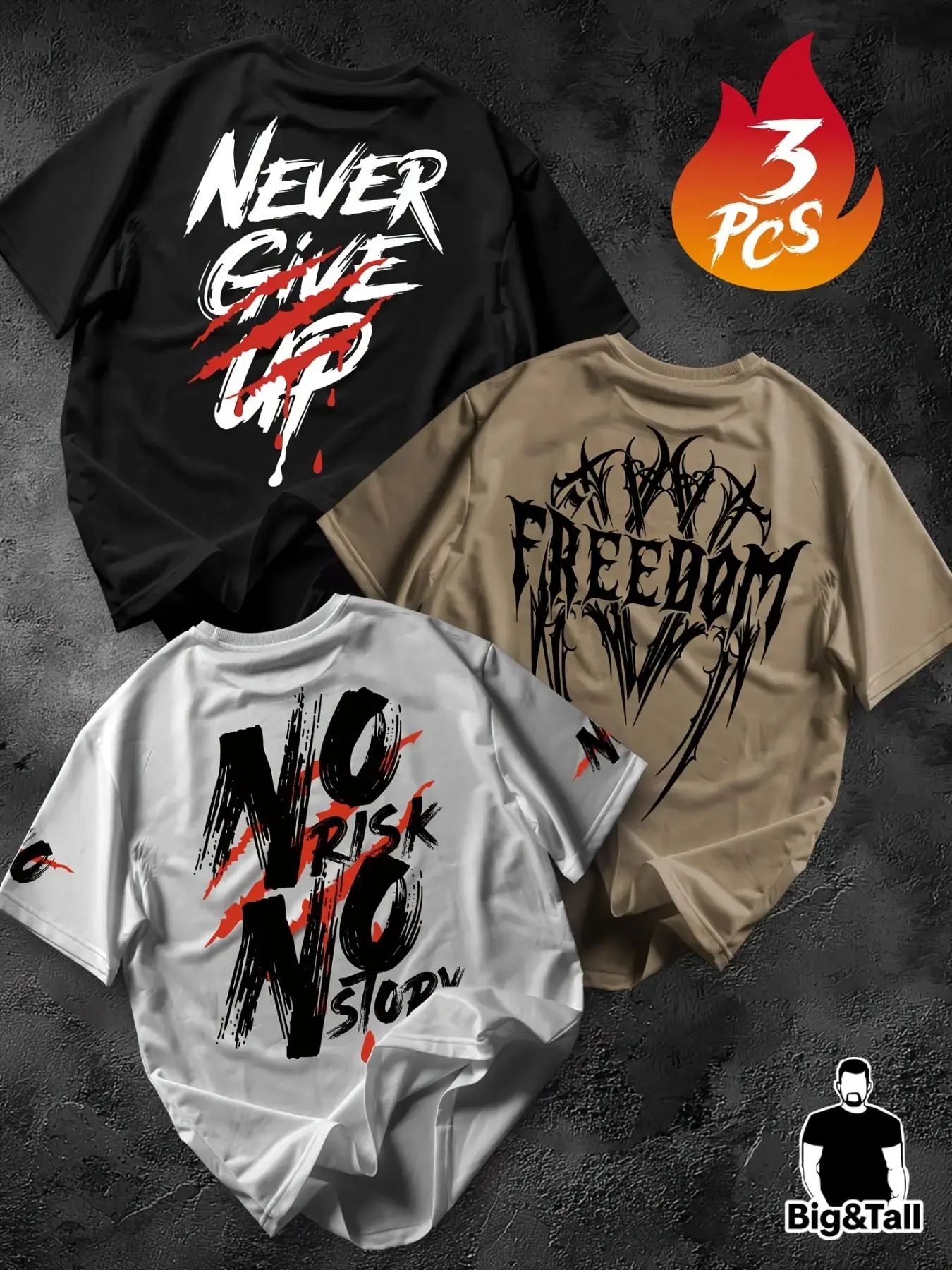 3-Pack Plus Size Men's T-Shirts, Top, Soul Pattern Print, Polyester Material, Casual Streetwear Classic Style, Loose Fit Round Neck Crewneck Short Sleeve